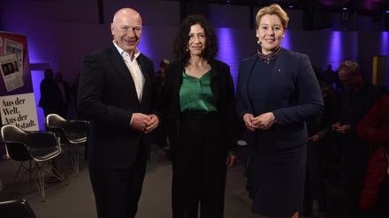 Franziska Giffey (SPD, von rechts), Bettina Jarasch (Grüne) und Kai Wegner (CDU) beim Tagesspiegel-Wahlkampftalk wenige Tage vor der Wahl. 