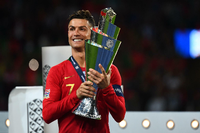 (FILES) In this file photo taken on April 03, 2018 Real Madrid&apos;s Portuguese forward Cristiano Ronaldo celebrates his second goal during the UEFA Champions League quarter-final first leg football match between Juventus and Real Madrid at the Allianz Stadium in Turin. Real Madrid announced on July 10, 2018 Cristiano Ronaldo&apos;s transfer to Juventus. / AFP PHOTO / Marco BERTORELLO