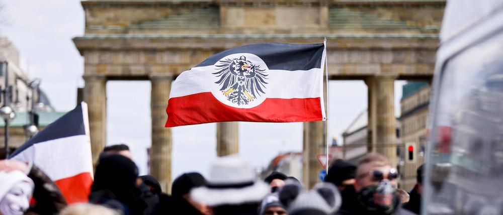 Teilnehmer an einer Demonstration von Rechtsextremisten und Reichsbürgern vor dem Brandenburger Tor