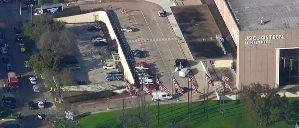 Television evangelist Joel Osteen’s Lakewood Church is seen in an aerial view after a shooting incident in Houston, Texas, U.S. February 11, 2024 in a still image from video. Courtesy ABC affiliate KTRK via REUTERS.     NO RESALES. NO ARCHIVES. MANDATORY CREDIT