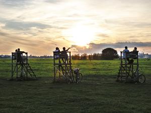 Auf Hochsitzen geniessen Besucher am Tempelhofer Feld den Sonnenuntergang
