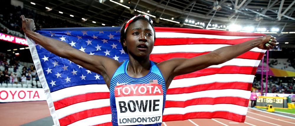 Tori Bowie aus den USA jubelt über ihren Sieg im 100 m Finale der Frauen 2017 in London.