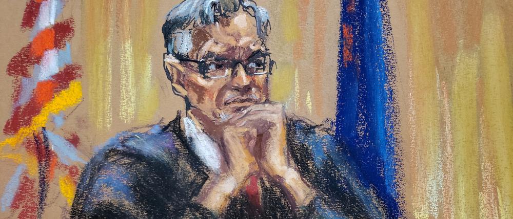 Richter Juan Merchan, porträtiert von einem Gerichtszeichner. 