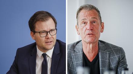Der Ostbeauftragte der Bundesregierung, Carsten Schneider (links) und Mathias Döpfner, Vorstandsvorsitzender der Axel Springer SE (rechts).