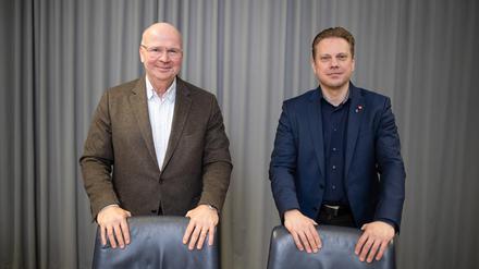Markus Voigt, der Präsident des VBKI (links) und Jan Otto, Erster Bevollmächtigter der IG Metall in Berlin, vor dem Gespräch mit dem Tagesspiegel.