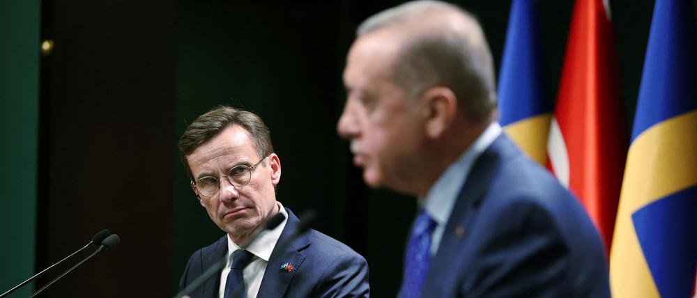 Gipfeltreffen in Ankara: Der schwedische Ministerpräsident Ulf Kristersson wirbt um die türkische Zustimmung zum Nato-Beitritt.