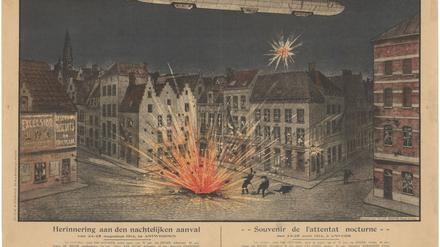 Erinnerung an den nächtlichen Überfall auf Antwerpen 24./25. August 1914, Zweisprachiges Plakat.

 