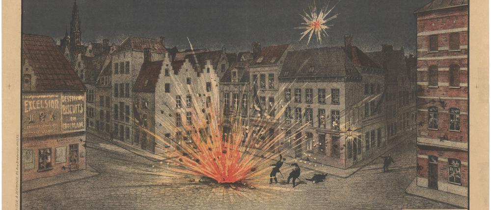 Erinnerung an den nächtlichen Überfall auf Antwerpen 24./25. August 1914, Zweisprachiges Plakat.

 