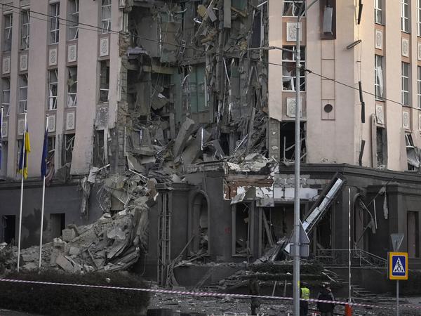 A hotel in Kyiv damaged by Russian shelling. 