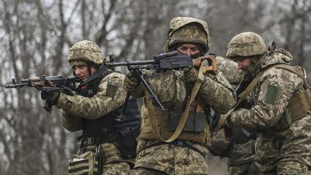 Ukrainische Soldaten nehmen an einem Kampftraining in Saporischschja teil. 