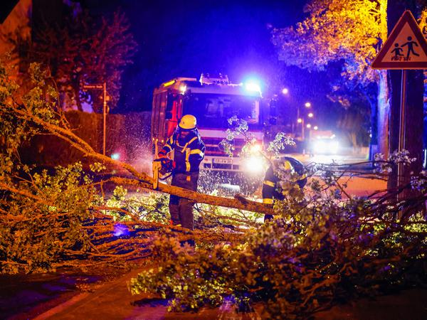 Einsatzkräfte der Feuerwehr zersägen mit einer Kettensäge einen umgestürzten Baum auf einer Straße im Regierungsbezirk Mittelfranken.