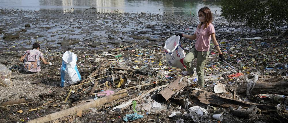 Freiwillige sammeln in einem verschmutzten Küstengebiet Müll auf (Archivbild).