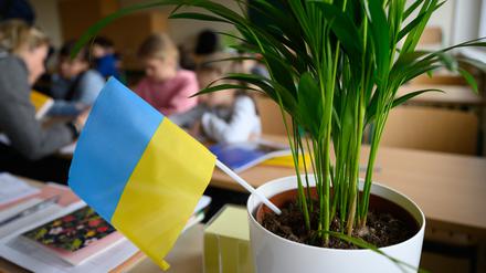 Grundschüler aus der Ukraine sitzen in einem Klassenzimmer. In Sachsen-Anhalt sind bislang 76 Ankunftsklassen für geflüchtete ukrainische Kinder und Jugendliche gebildet worden.