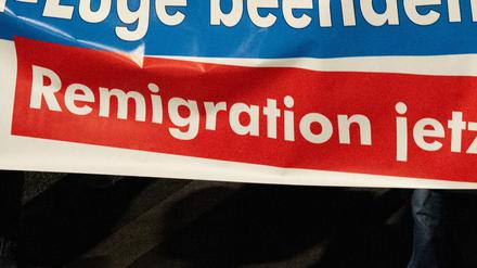 Der Ausschnitt eines Fotos zeigt das Wort „Remigration“ auf einem Banner der AfD.