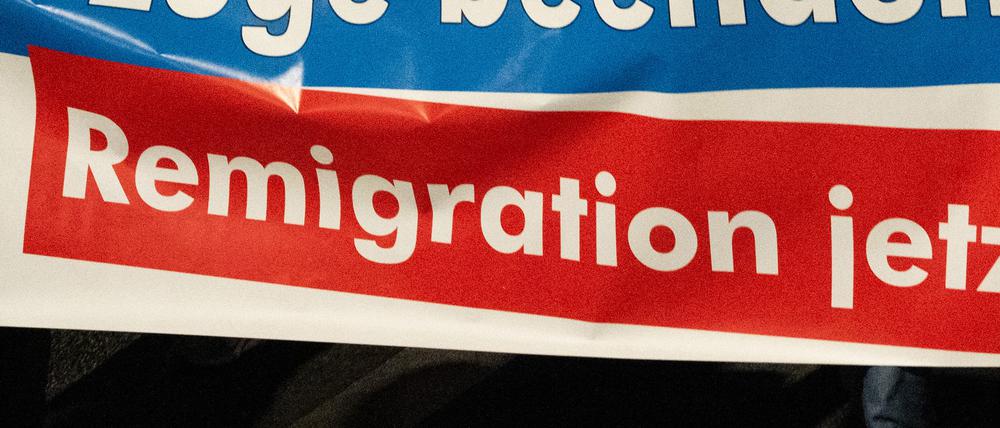 Der Ausschnitt eines Fotos zeigt das Wort „Remigration“ auf einem Banner der AfD.
