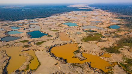 Flache Bergwerksteiche überschwemmen ein ehemaliges Flusssystem in der Region La Pampa in Madre de Dios, Peru. Die Farben der Teiche spiegeln Schwebstoffe und Algenwachstum nach der Einstellung des Goldabbaus wider.