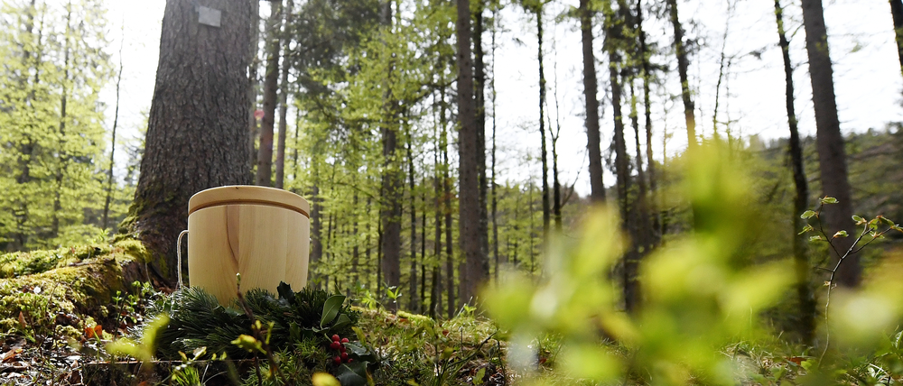 Eine Urne steht im ersten Naturfriedhof Stiller Wald Mittenwald der Bayerischen Staatsforsten.