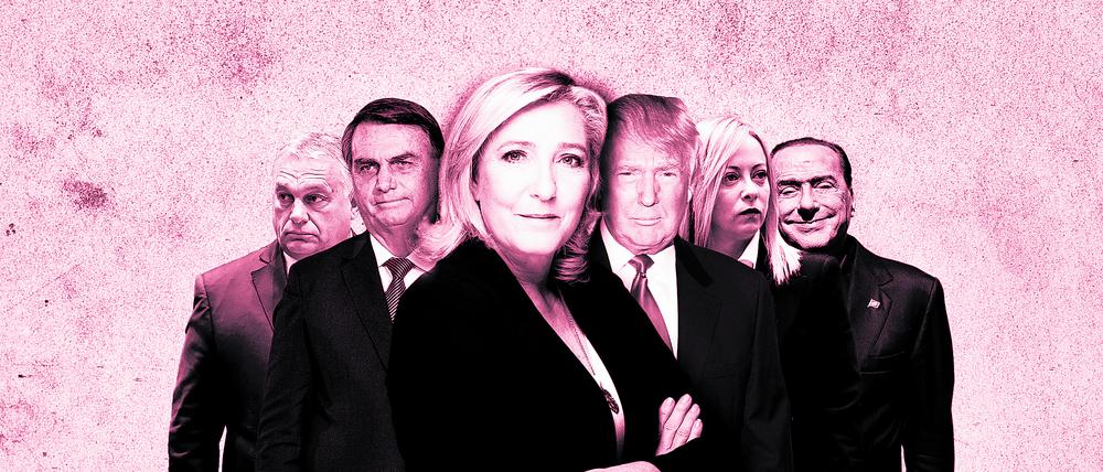 Victor Orbán, Jair Bolsonaro, Marine Le Pen, Donald Trump, Giorgia Meloni, Silvio Berlusconi
