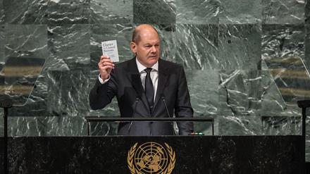 Olaf Scholz vor den Vereinten Nationen.
