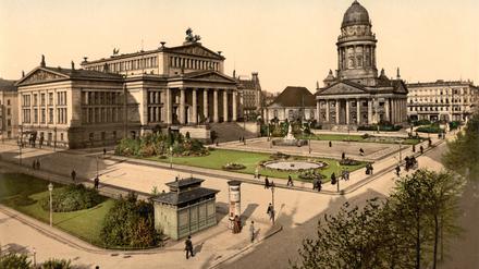 Am unteren Bildrand erkennt man eine „Vollanstalt“ am Gendarmenmarkt. Die Illustration stammt aus dem Jahr 1898.