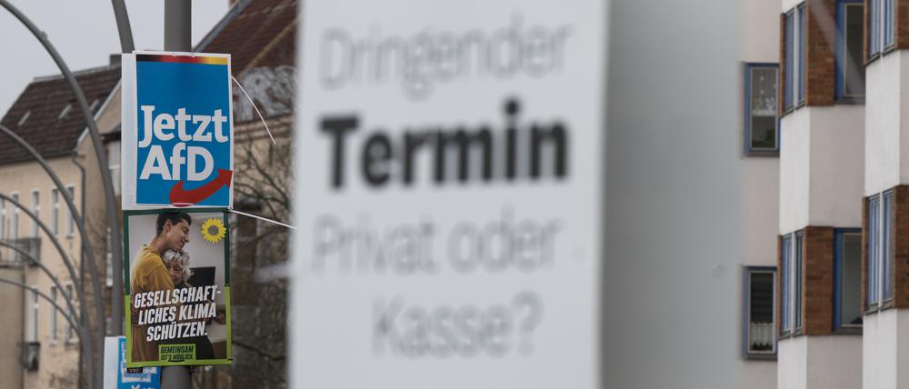 Wahlplakate der Parteien AfD, Bündnis 90/Die Grünen und Die Linke zur damaligen Teil-Wiederholung der Bundestagswahl hängen im Stadtteil Pankow an Laternenmasten. 