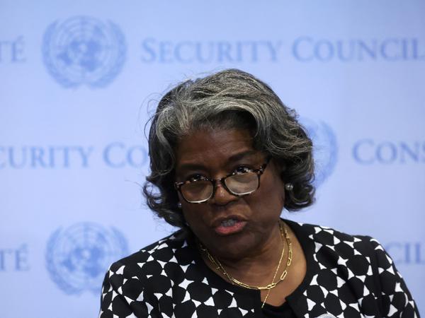 Die US-Botschafterin zu den Vereinten Nationen, Linda Thomas-Greenfield im Weltsicherheitsrat am 20. Februar. 