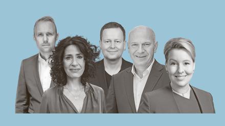 Diese fünf Spitzenkandidierenden für die Berlin-Wahl stellten sich im Tagesspiegel-Talk (v.l.): Sebastian Czaja, Bettina Jarasch, Klaus Lederer, Kai Wegner und Franziska Giffey. 