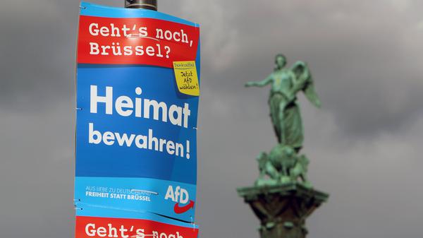 Wahlplakat der Partei AfD Alternative für Deutschland zur Europawahl mit der Parole „Geht es noch Brüssel?“
