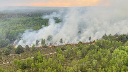 Ein Blick auf das Waldbrandgebiet in Jüterbog aus einem Hubschrauber der Bundespolizei. Der Waldbrand bei Jüterbog hat sich von der Fläche erneut verdoppelt. Derzeit seien 656 Hektar betroffen, teilte das Ordnungsamt am Donnerstag mit.