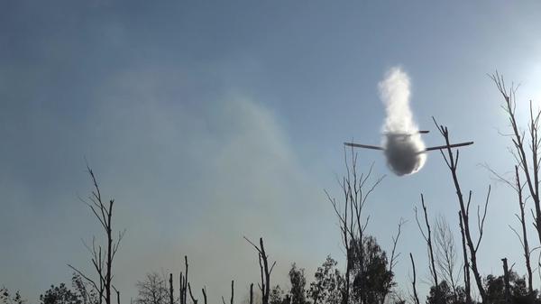 Ein kleines Löschflugzeug wirft Wasser ab über einem Waldbrand in einem munitionsbelasteten Gebiet bei Jüterbog (Landkreis Teltow-Fläming). Der Waldbrand hat sich trotz des Löscheinsatzes aus der Luft auf rund 27 Hektar ausgebreitet.