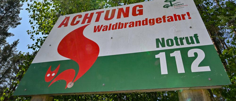 Ein Schild vom Landesbetrieb Forst Brandenburg mit der Aufschrift „Achtung Waldbrandgefahr! Notruf 112“ steht vor Bäumen. (Symbolbild)