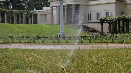 Warum werden Grünflächen (Park Sanssouci) in Potsdam tagsüber gewässert? In der Nachmittagshitze laufen die Wassersprinkler am Schloß Charlottenhof.
