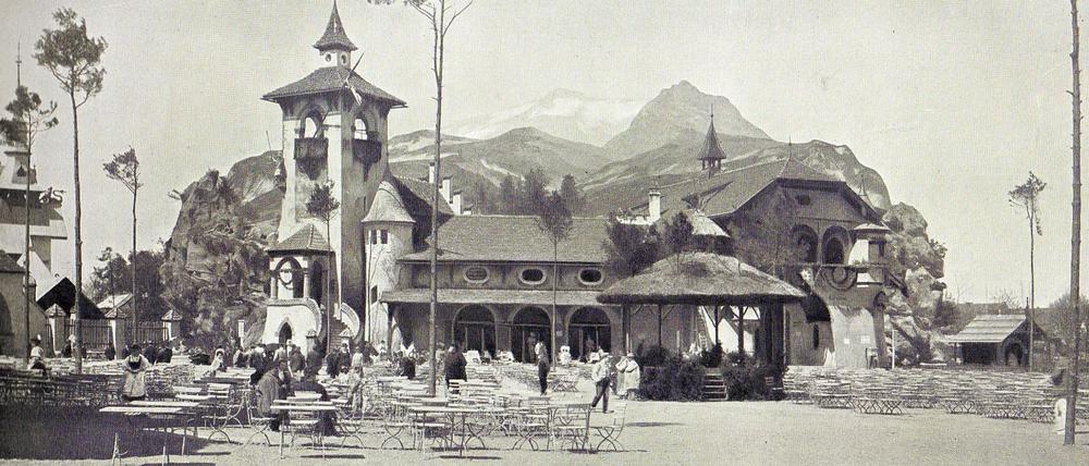 Das Tiroler Restaurant am Fuße der „Alpen“ auf der Gewerbeausstellung 1896 im Treptower Park.