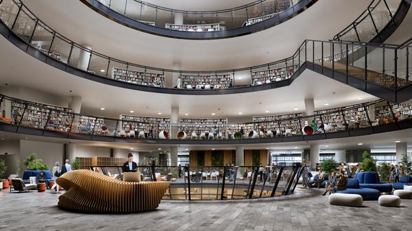 Eines Tages von Büchern umgeben? Simulation der Kaufhausgalerien als Bibliothek rund um den gläsernen Trichter. 
