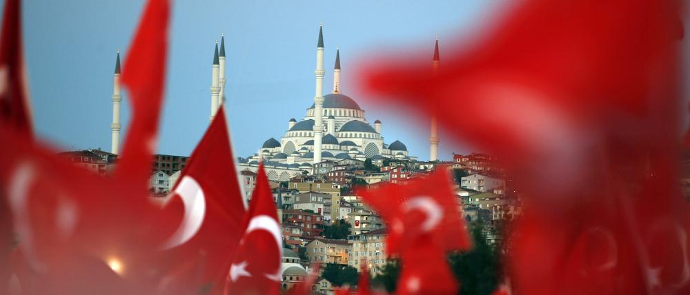 Menschen schwenken türkische Fahnen in Istanbul.