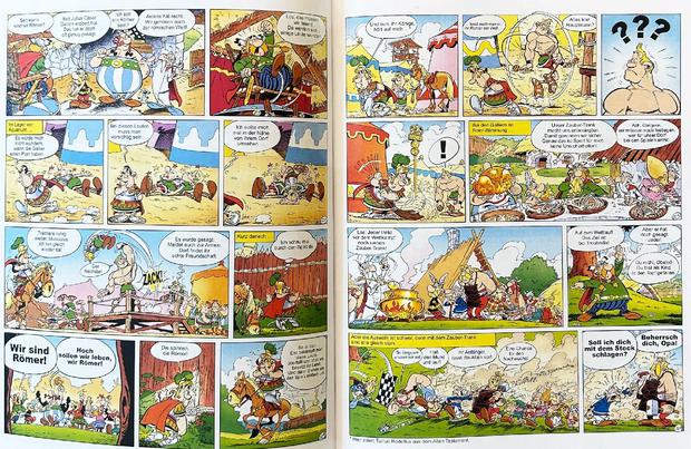 Eine Doppelseite aus der Sonderausgabe von „Asterix bei den Olympischen Spielen“.