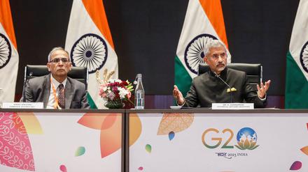 Der indische Außenminister Subrahmanyam Jaishankar spricht während einer Pressekonferenz der G20-Präsidentschaft in Neu Delhi.