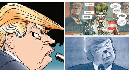 In schlechter Gesellschaft: Donald Trump in Szenen aus den drei im Artikel erwähnten Comics.