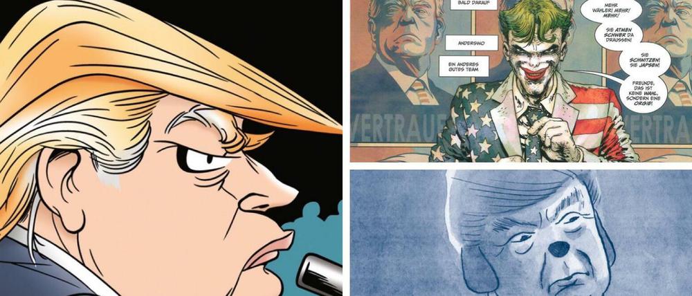 In schlechter Gesellschaft: Donald Trump in Szenen aus den drei im Artikel erwähnten Comics.