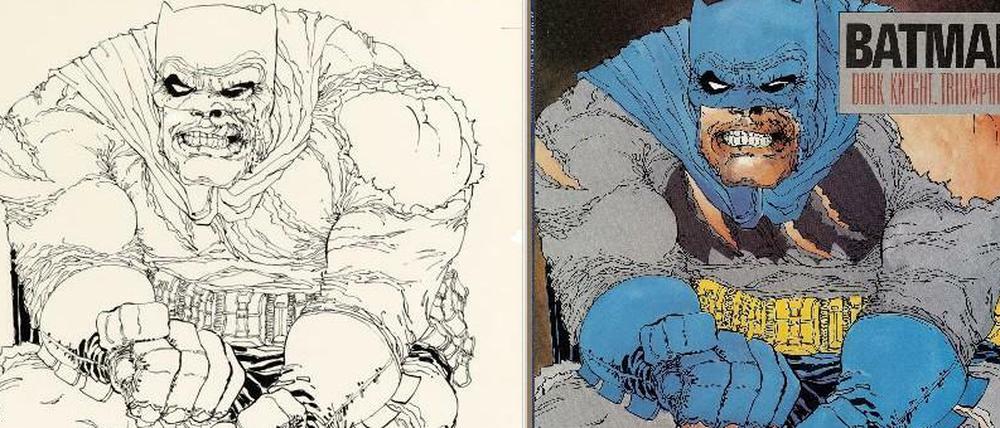 Original und Verarbeitung: Links Frank Millers Zeichnung, die jetzt zum Verkauf steht, rechts das kolorierte Cover.