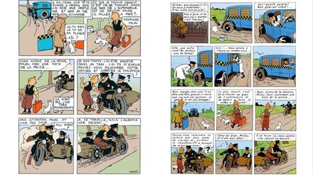 Links eine Seite aus der früheren und rechts eine Seite aus der jüngeren Ausgabe von „Tintin en Amérique“ („Tim in Amerika“).