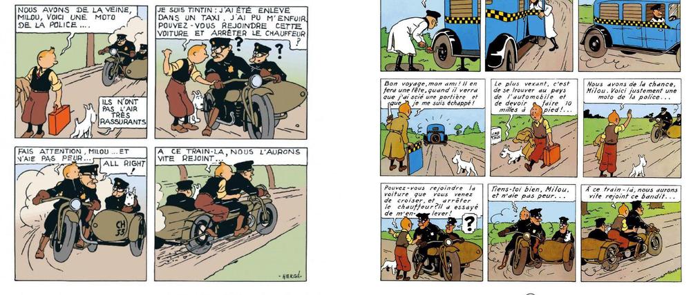 Links eine Seite aus der früheren und rechts eine Seite aus der jüngeren Ausgabe von „Tintin en Amérique“ („Tim in Amerika“).
