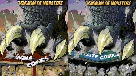 Zerstörungslust: Zwei der 75 Comic-Shops, die auf den Godzilla-Titelbildern zermalmt werden.