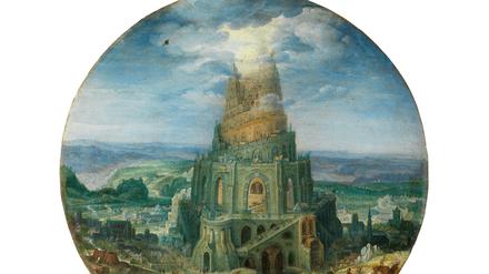 Roelant Savery: Turmbau zu Babel, 1602, Öl auf Kupfer, Durchmesser: 23,4 cm.