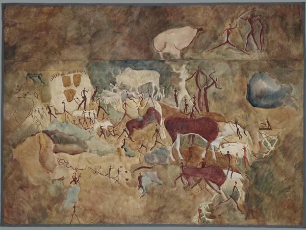 Antilopen, Büffel und Menschen, eine Felszeichnung aus Südafrika 8.000-2.000 v.Chr. Aquarell von Maria Weyersberg. 