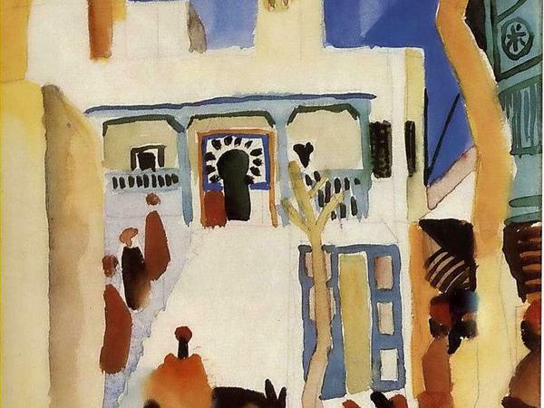 Blick auf eine Moschee, 19124. Aquarell. Dieses Motiv stammt aus dem malerischen Dorf Sidi Bou Said, das seit mehr als 100 Jahren ein beliebter Künstlertreff ist. 