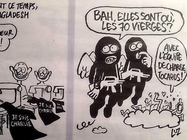 Rechts eine aktuelle Zeichnung von Luz, mit den "Charlie"-Attentätern im Himmel. "Wo sind nur die 70 Jungfrauen?" - "Bei den Leuten von ,Charlie', Ihr Flaschen!": 
