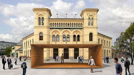 Das Nobel-Friedenscenter in Oslo mit der Installation "Weltportal" des britischen Künstlers David Adjaye.