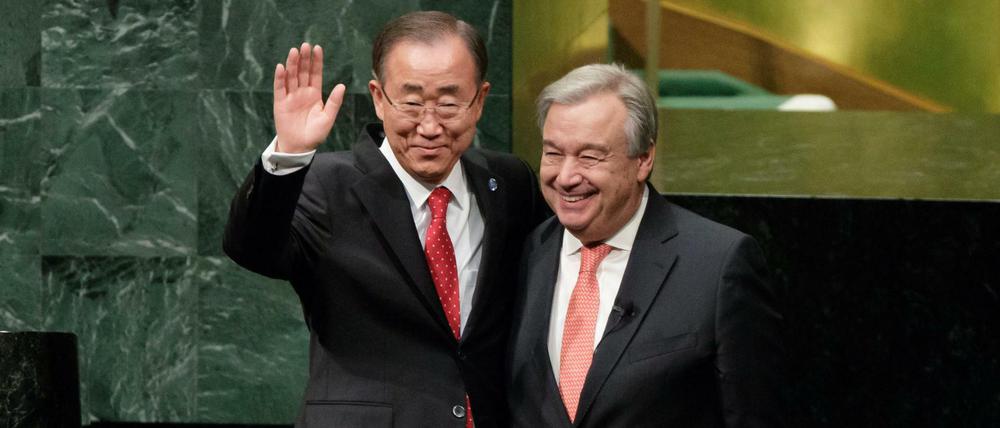 The new UN secretary general António Guterres (right) with his predecessor Ban Ki Moon. 