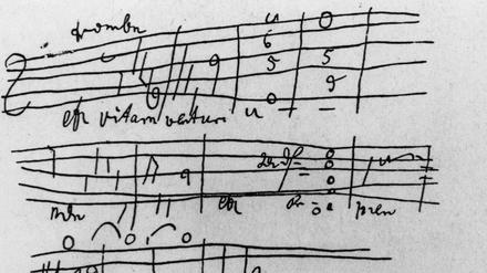 Notenskizze zur Missa solemnis in einem der "Konversationshefte", wie sie Beethoven wegen seiner Schwerhörigkeit von 1819 an benutzte.